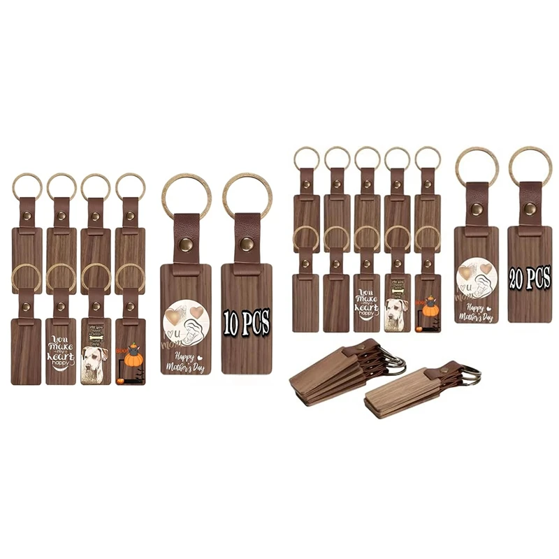 Multi-Pack Wood Keychain Blanks Leather Wood Keychain Blank Unfinished Blanks With Leather Strap Keychain