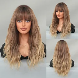 PARK YUN Shoulder Length Wavy Dark Brown Wig for Women Daily Use Gradient High Density Synthetic Hair Wigs with Neat Bangs