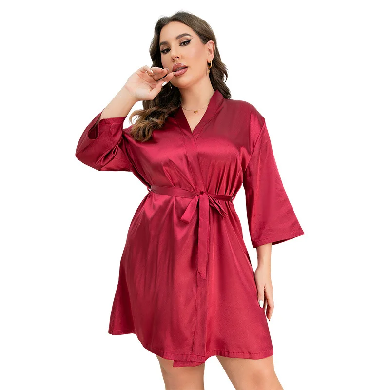 Fashion Solid Color Plus Size Pajamas for Women Ice Silk Bathrobes Sexy Morning Gowns Home Wear Casual Imitation Silk Nightgowns