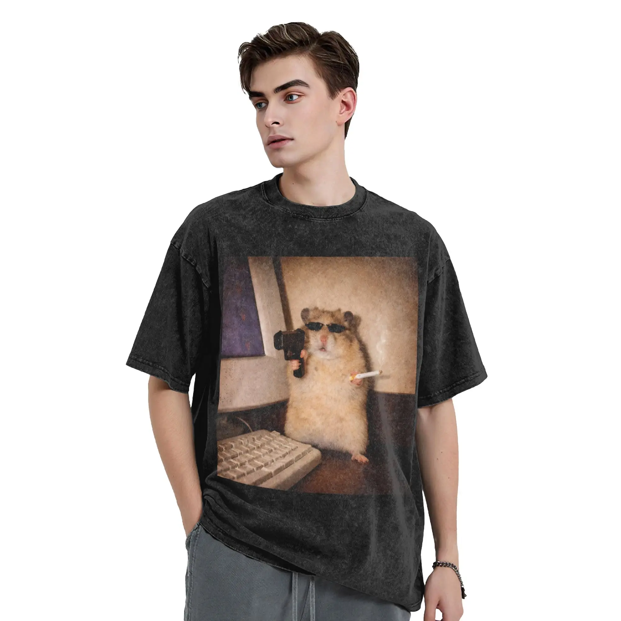 Washed T Shirt Cyber Hamster Smoking Meme Hip Hop Retro T-Shirts Harajuku Streetwear Short Sleeve Summer Tops Tees for Men Women