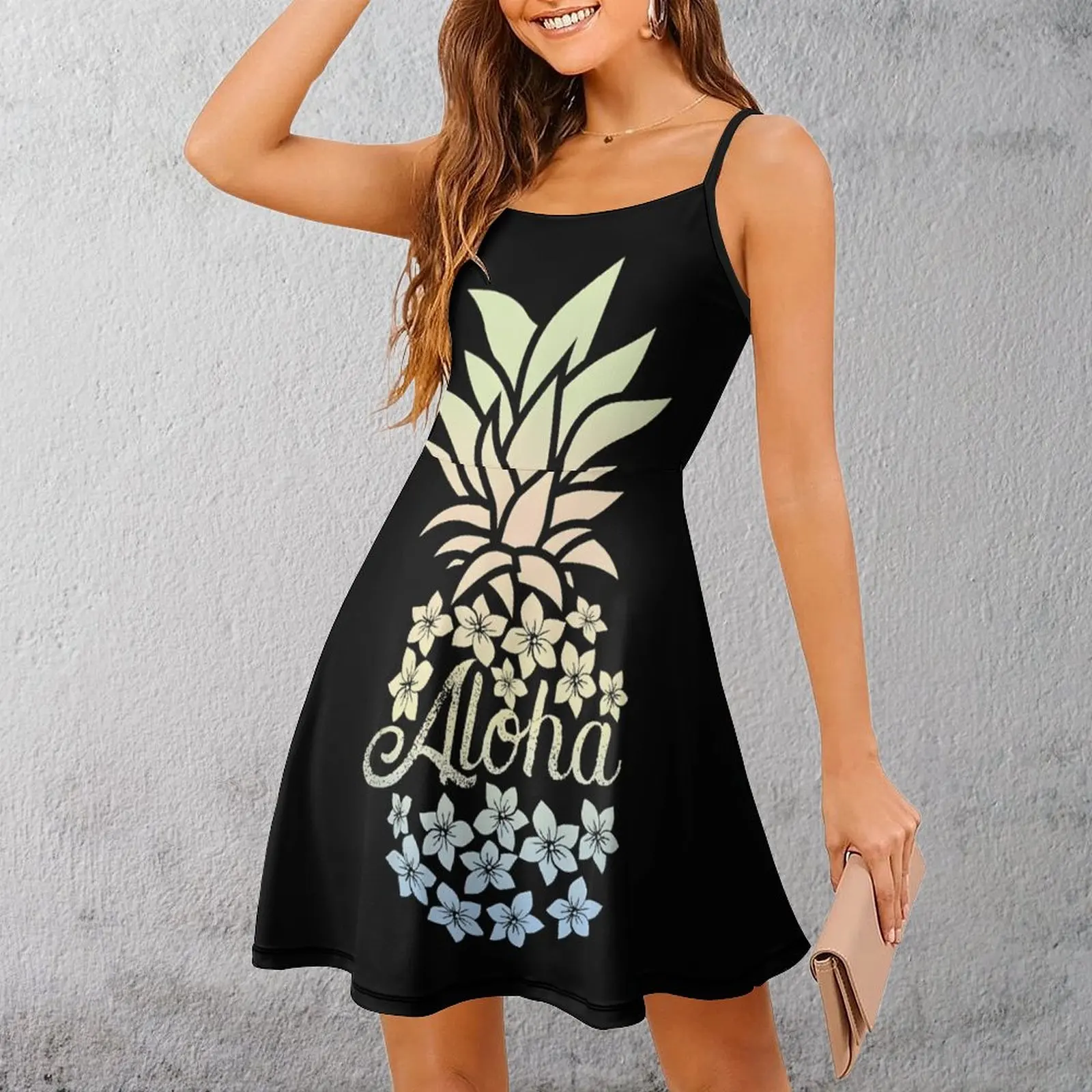 

Экзотическое женское платье на бретельках с цветочным дизайном Aloha и ананасом, женское платье с юмором и графикой, уникальное платье на бретелях