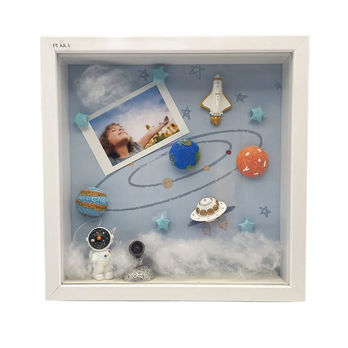 

Package 3D Shadow Box Picture Frame Blue Planet Space Astronaut Boys Girls 8 Inches Stars Kawaii Room Decorative Items for Home