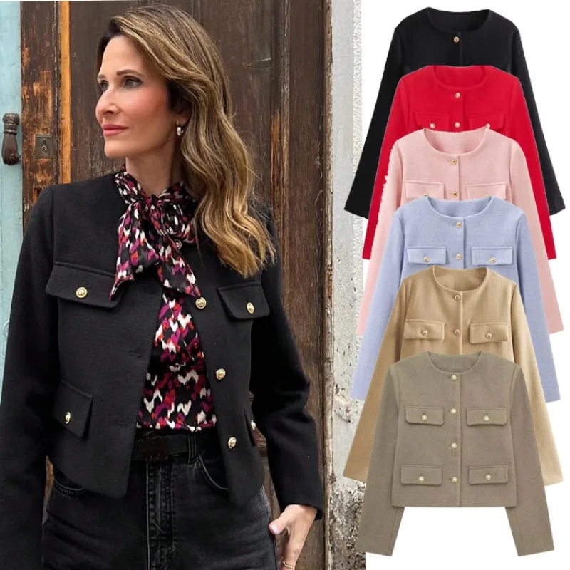 Cross-border Women's Clothing Amazon European and American Pocket Decoration Round Neck Short Fashion  Jacket Top Xiaoxiangfeng
