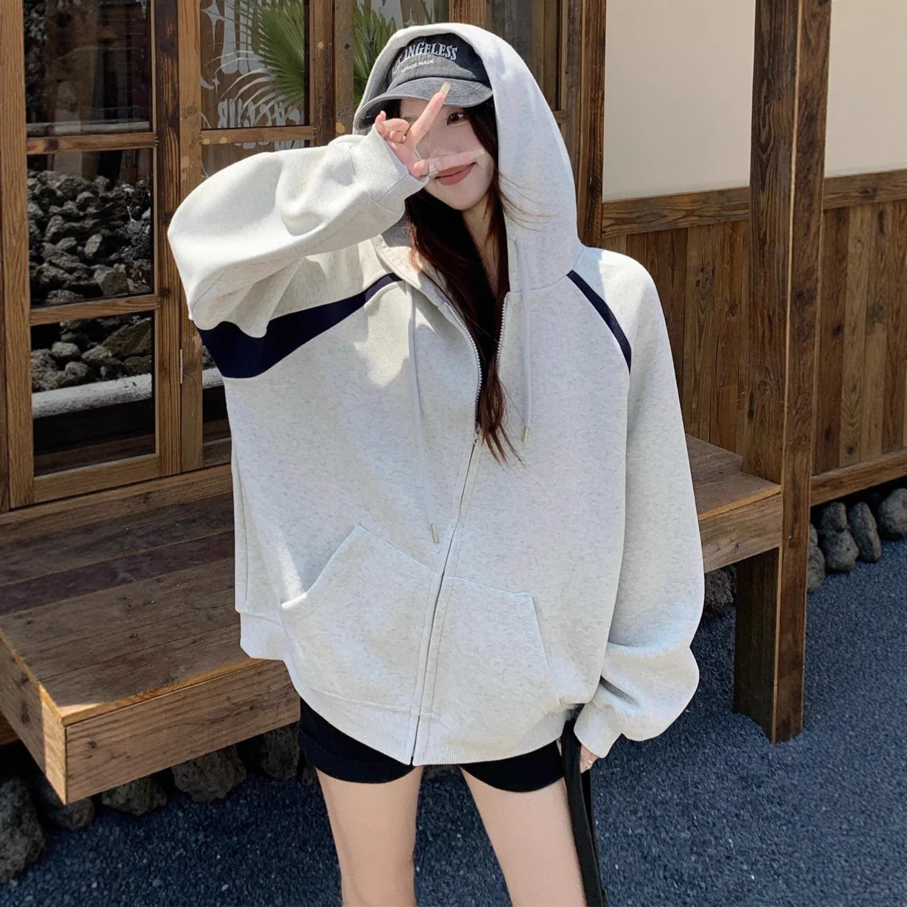 Retro Hooded Zipper Sweatshirt Jacket 2026 Autumn New Color Block Loose Long Sleeve Top For Women Trendy