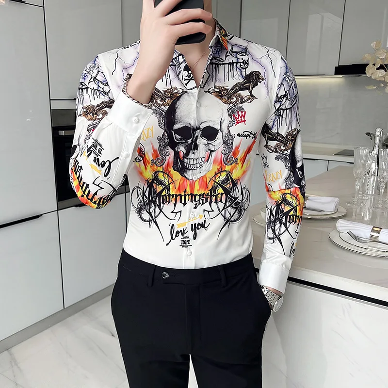 

Men Vintage Slim Fit Long Sleeve Shirt Spring New Flame Skeleton Print White Shirts Business Casual Blusas Camisa Masculina 6XL