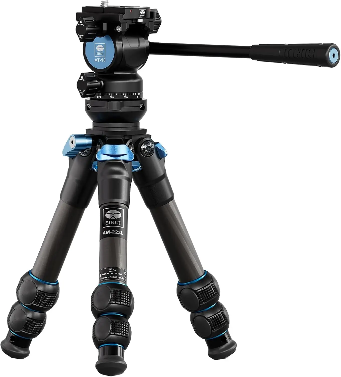 AM223L Mini Video Tripod with AT10 Fluid Head, Carbon Fiber Tabletop Travel Tripod for Camera, Camcorder, Leveling Base, Max Hei