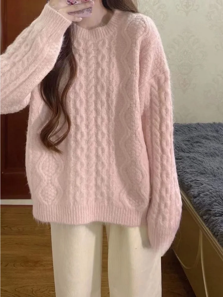 เสื้อสเวตเตอร์ถักไหมพรมสีชมพูอ่อนสำหรับผู้หญิง เสื้อคลุมฤดูใบไม้ร่วงฤดูหนาว สไตล์เกาหลีใหม่ ดีไซน์เก๋ไก๋ สวมใส่สบาย คุณภาพสูง