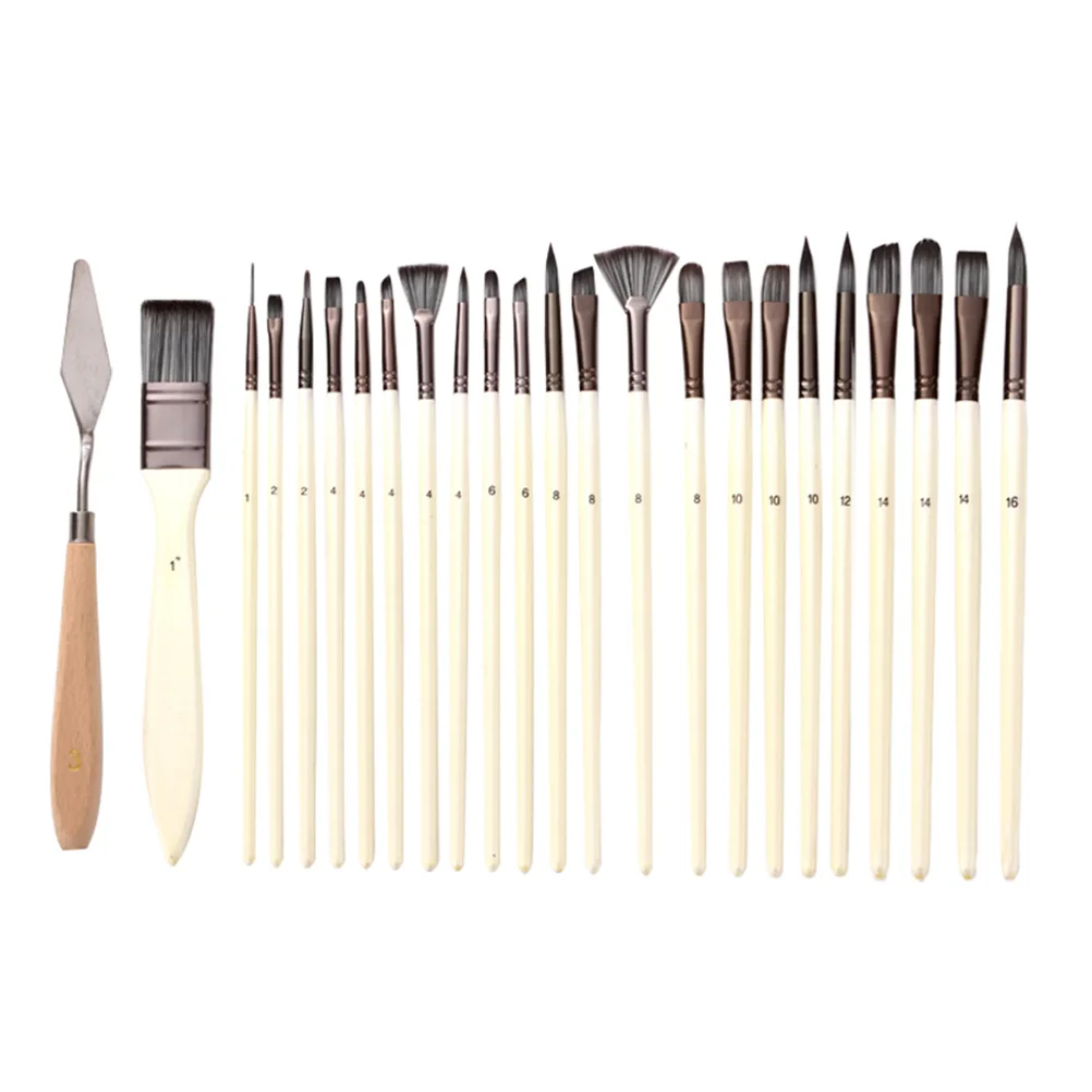 

24 Pcs Nylon Hair Brush Set Round Pointed Tip Flat Paint Brushes Oil Painting Professional Kits Accessories Child