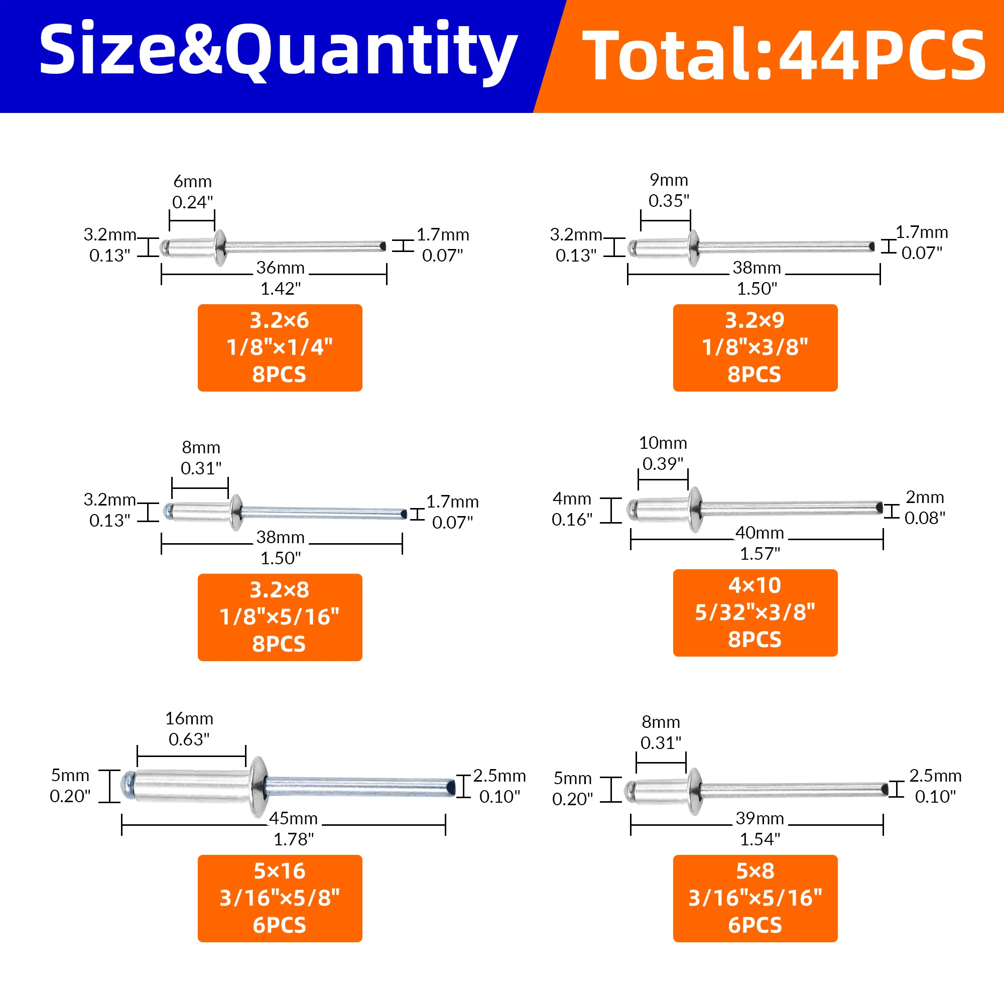 44pcs 6 sizes Aluminum Blind Rivets Pop Rivets Assortment Kit Bolt Steel Shank Mandrel Exhaust Rivets Fasteners