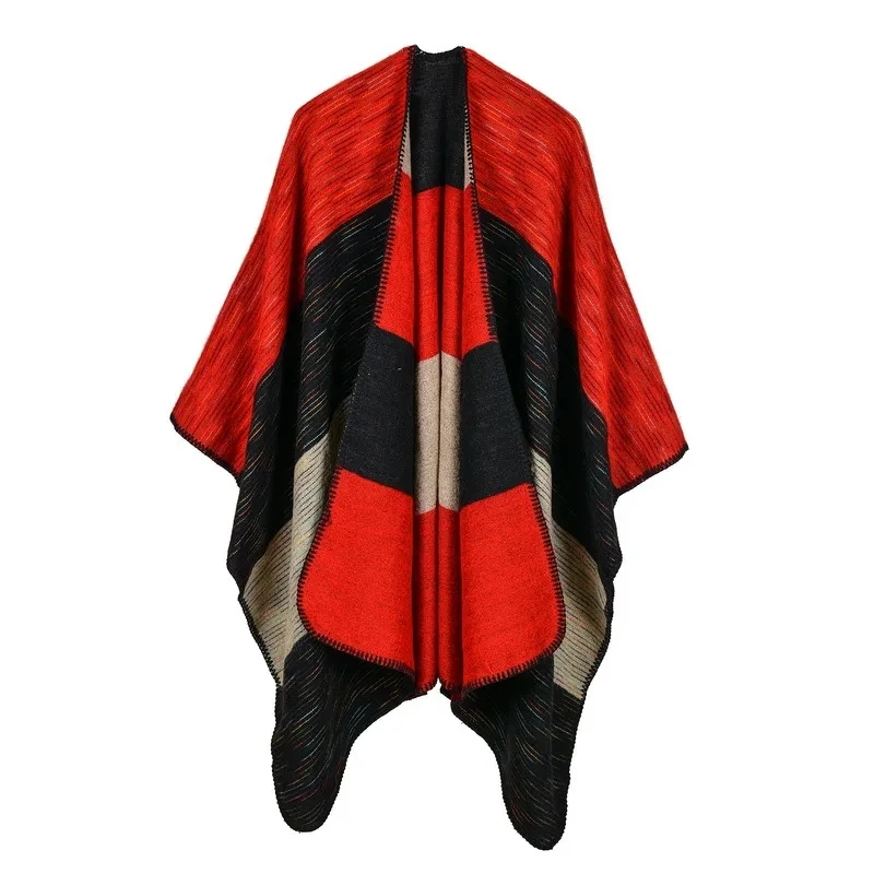 

European Thickened Autumn Winter Rainbow Wide Strip Dual-purpose Shawl Warm Imitation Cashmere Shawl Cape Ponchos Red