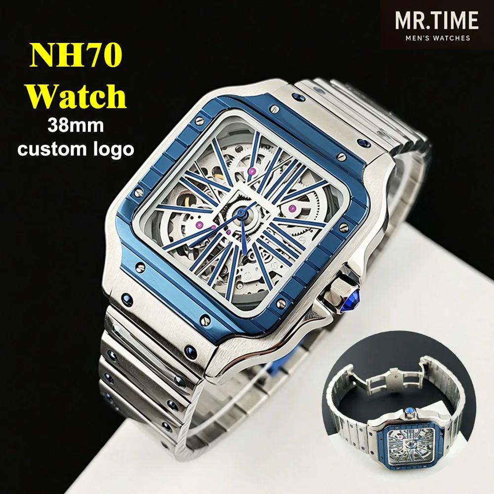 NH70 hollow dial blue watch men's square watch stainless steel watch suitable for NH70 movement