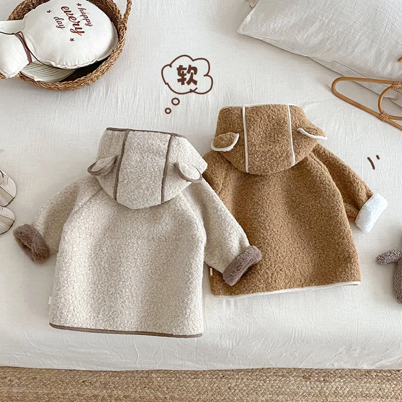 Children's Woolen Coat 2025 Winter New Plus Velvet Boy's Hooded Coat Thickened Warm Jackets 0-5Year Baby Outerwear