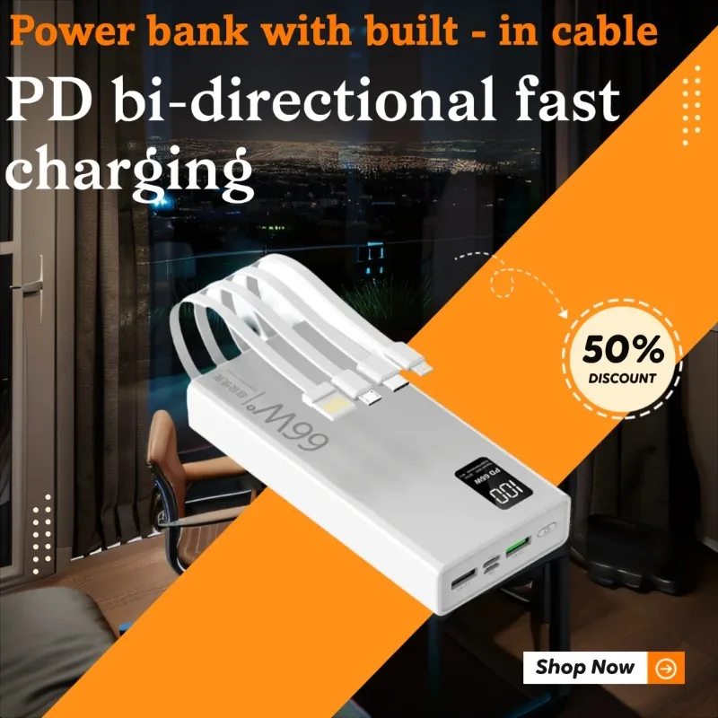 

20000mAh High-capacity Power Bank with 66W Super Fast Charging and Built-in Cable