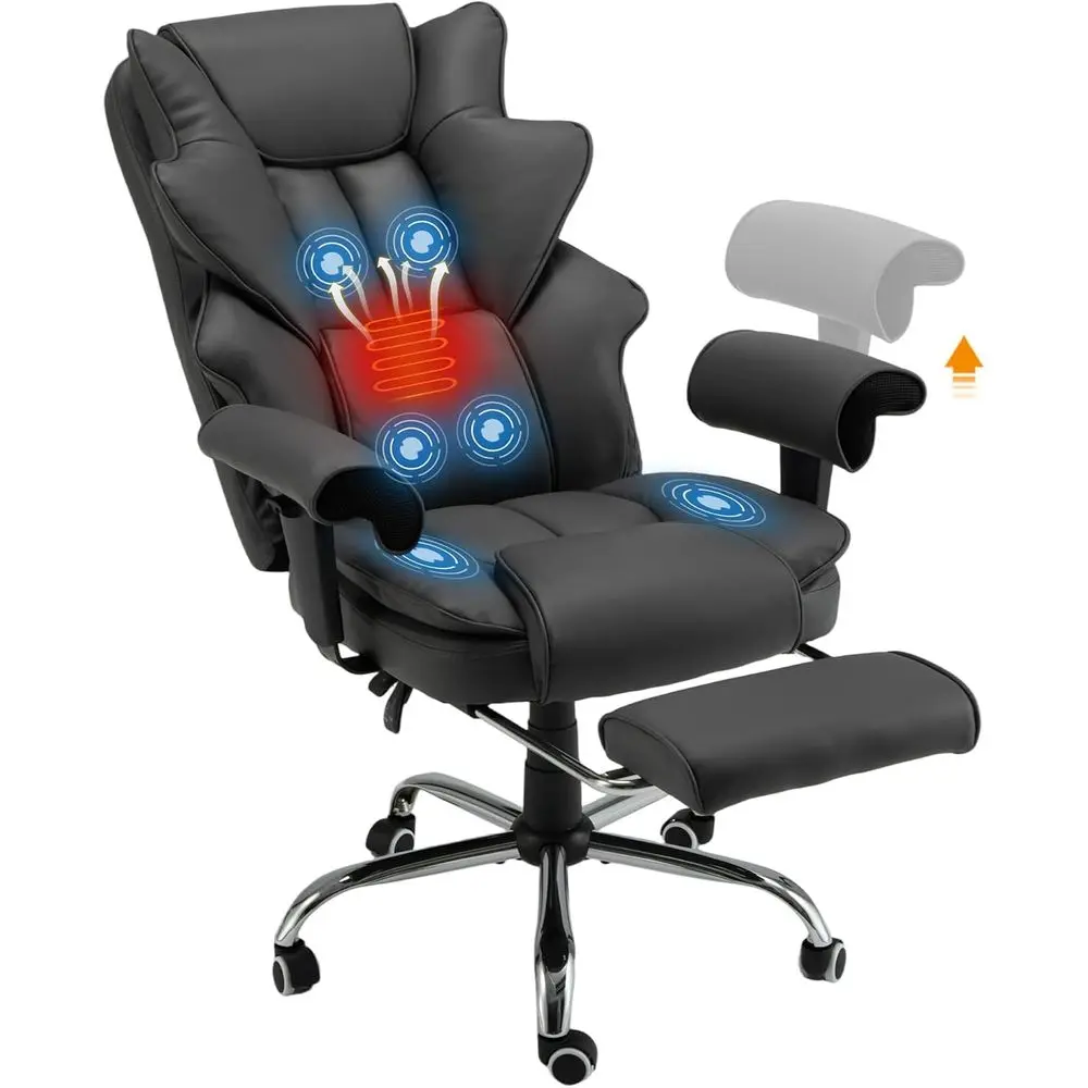 Ergonomic Executive Chair with 6-Point Vibration & Heat, Reclining PU Leather Big & Tall Desk Chair, Retractable Footrest & Adju