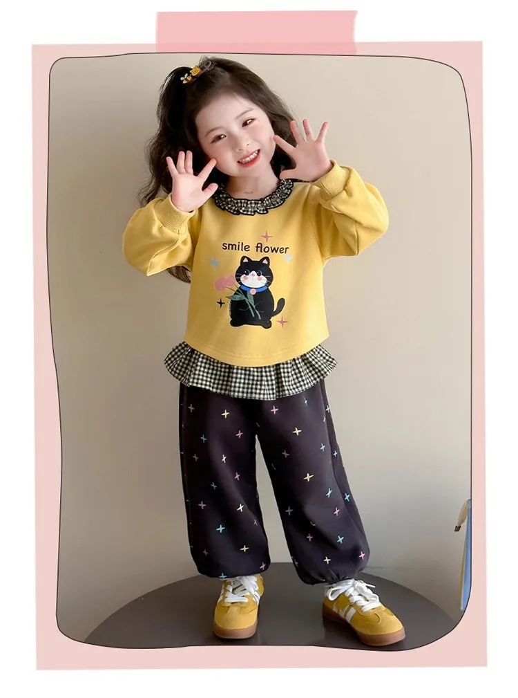 2026 Herbst Baby-Mädchen-Kleidungssets, Kinder-Sweatshirt mit Rüschenkragen und Cartoon-Print + Hose mit Sternenmuster, 2-teiliger Freizeitanzug für Kinder – Detail 10