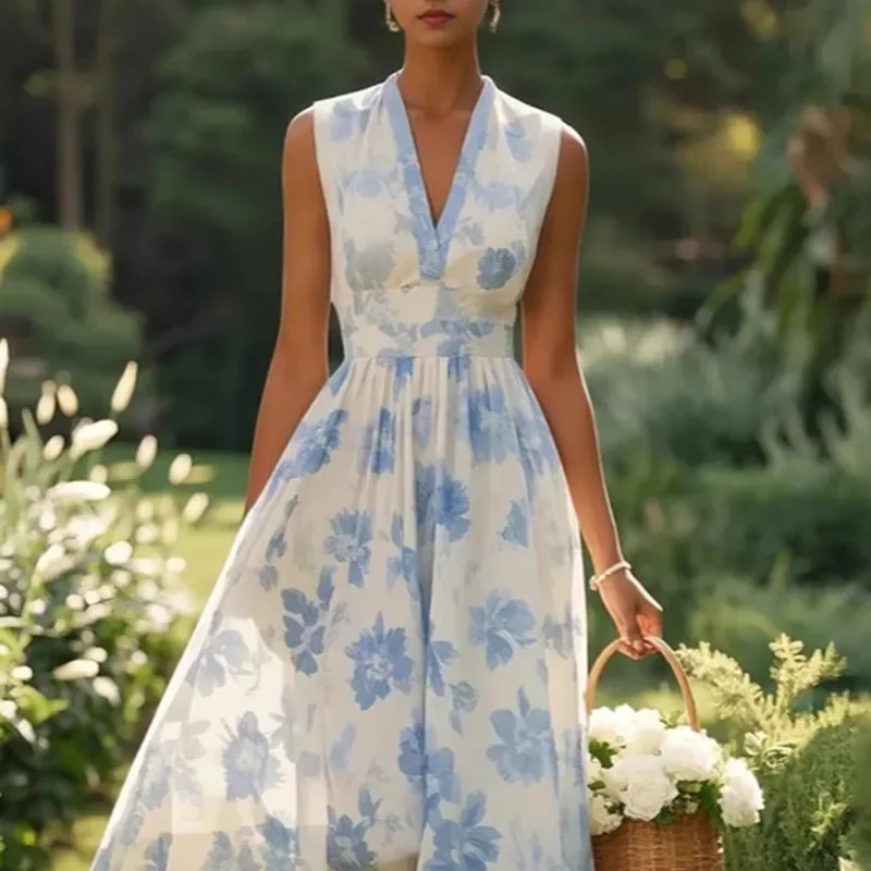 Frühling Elegante Blumen Druck A-Line Lange Kleider Frau Sexy V-ausschnitt Hohe Taille Party Kleid Sommer Ärmellose Urlaub Kleid Vestido