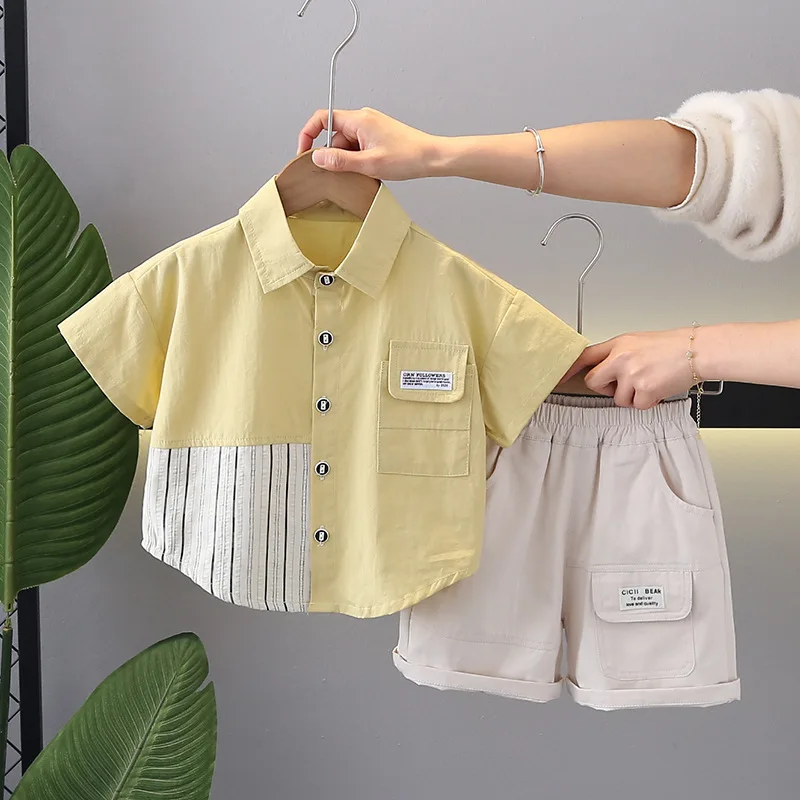 Baby Boy Summer Clothes Set Fashion Vertical Striped Block Turn-down Collar Short Sleeve T-shirts and Shorts Infant Boys Outfits