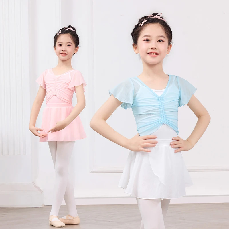 

Детский нейлоновый топ для балета и танцев для девочек с плиссированными рукавами на груди, детские классические танцевальные костюмы