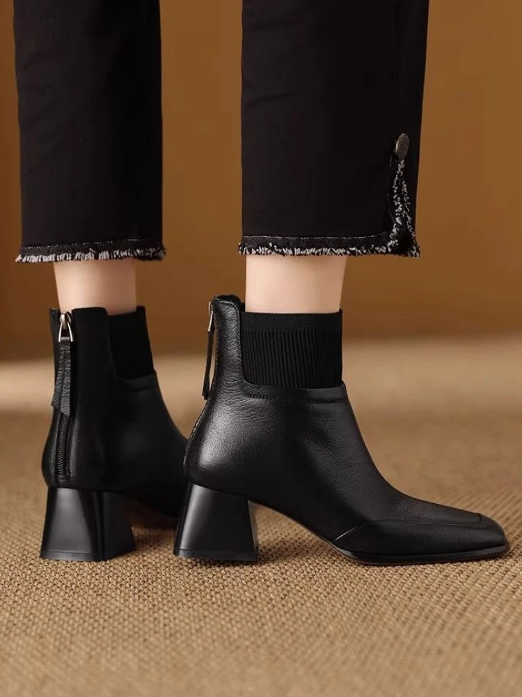 

Leather Booties Fur Splicing Knit Female Short Shoes New Rock Large Size Warm Y2k Designer Luxury Trend 2025 Women's Ankle Boots