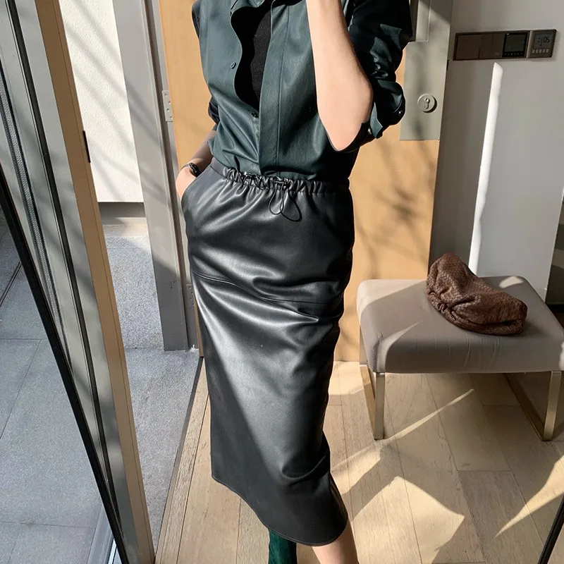 

Женская кожаная юбка миди с высокой талией из овчины, универсальная, А-силуэт, из натуральной кожи, простая, H-образная