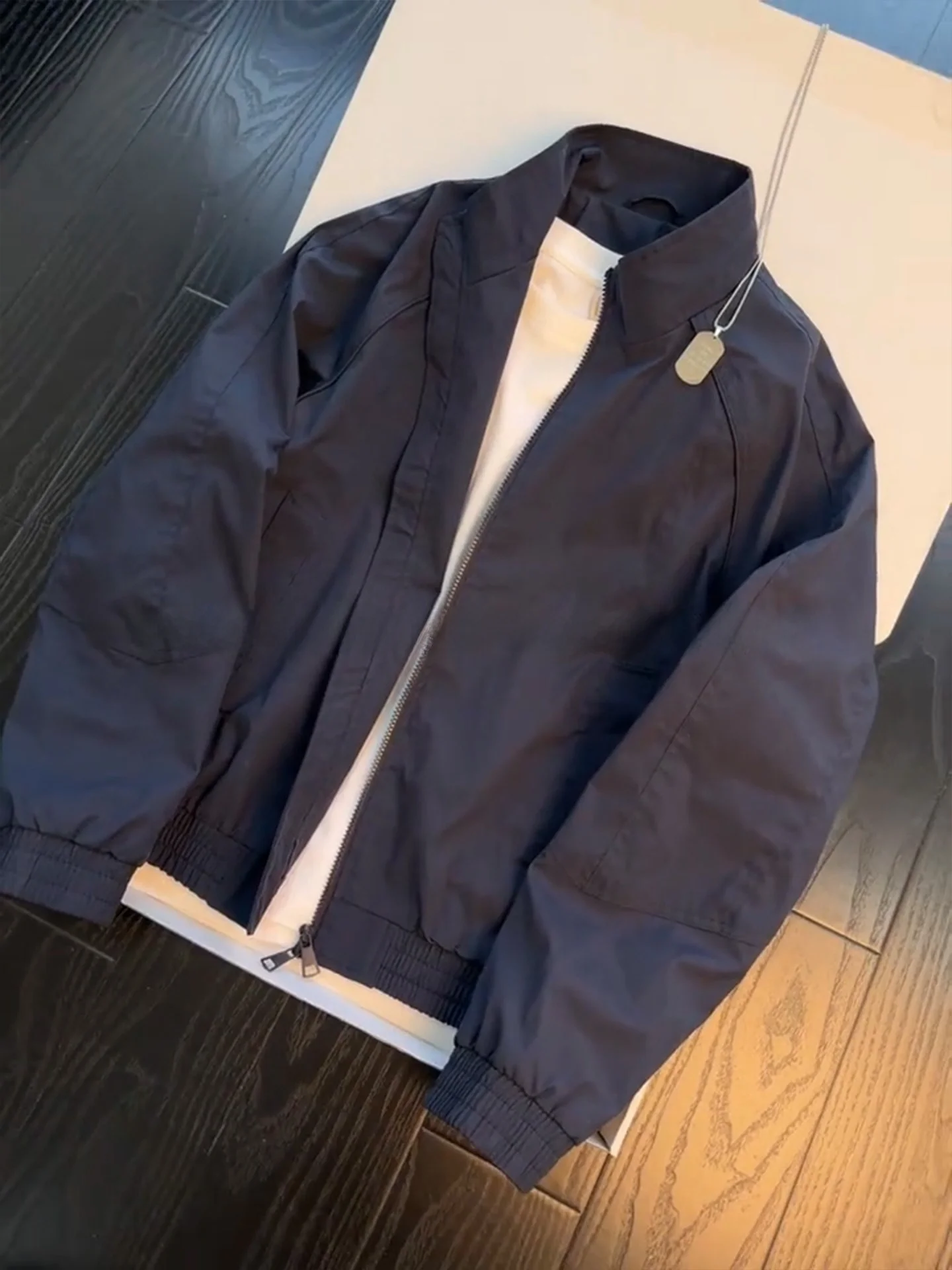 Cleanfit Loose Fit Deconstructed Flight Jacket Blue Stand Collar Baseball Style Autumn Men's Outerwear American Workwear
