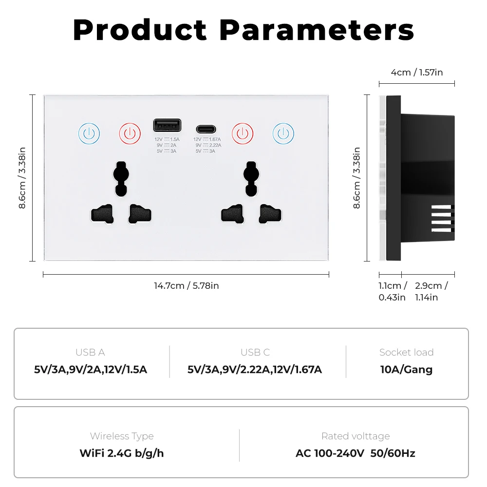 SMATRUL-Wi-Fi壁コンセント,USBおよびType-Cポート,3A,US, EU, UK,電源モニター,10A