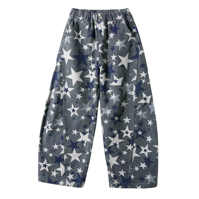 Kids Trendy Curved Pants For Girl Retro TrousersTrackpants American Style Children Street Straight Sweatpants with Star Pattern