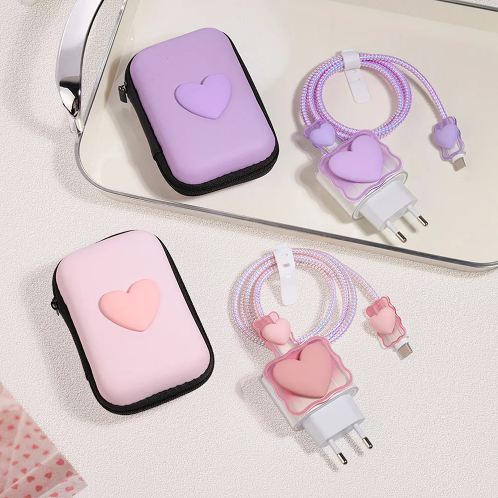 3D Love Heart Data Cable Protective Cover For iPhone 11 15 16 Pro Max 14 13 12 18W 20W Charger Cases Wire Winder Cable Organizer