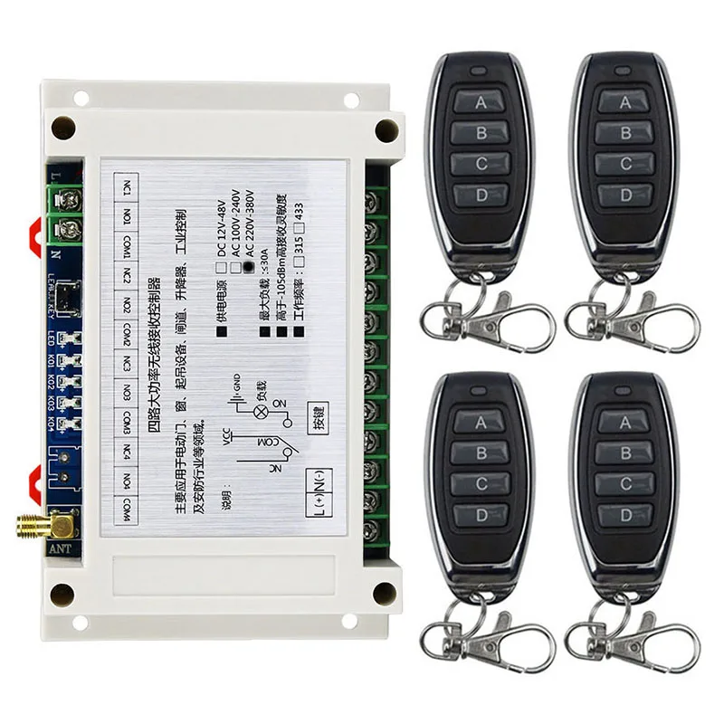 433MHz AC110V 220V 240V 380V 4CH 4 Channel 30A Relay RF Wireless Remote Control Switch System 433 MHz Transmitter And Receiver