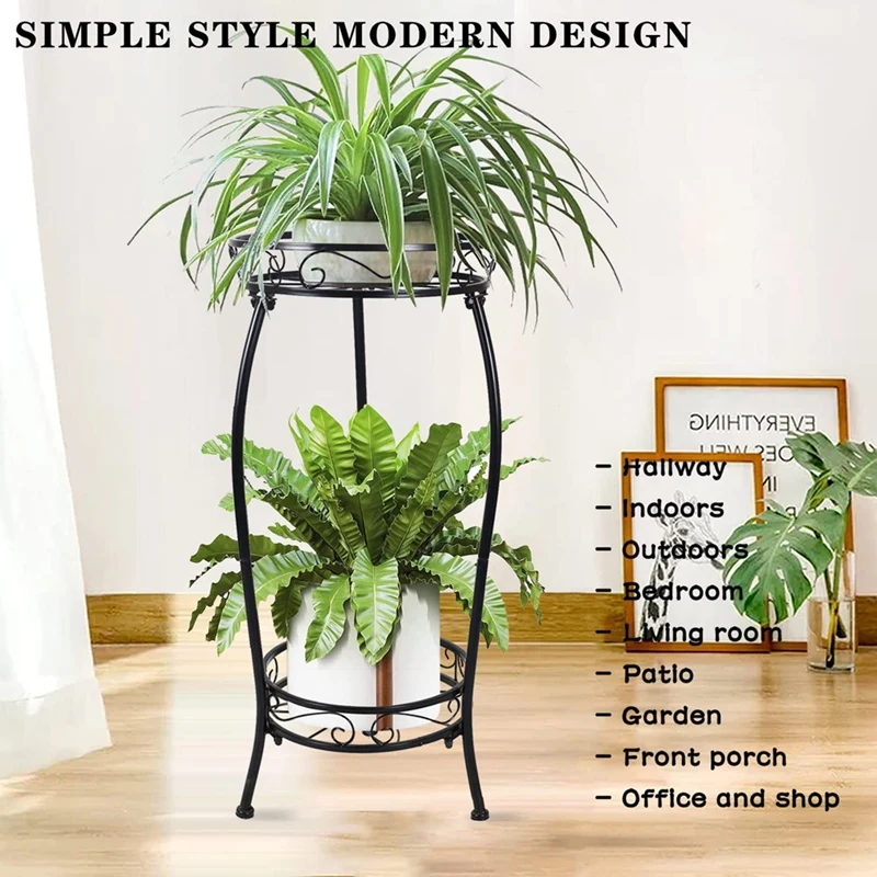 BEAU-Plant Stand Indoor Outdoor 2 Tier 25Inch Tall Metal Potted Holder Flower Pot Stand Heavy Duty Plant Shelf Rustproof Iron