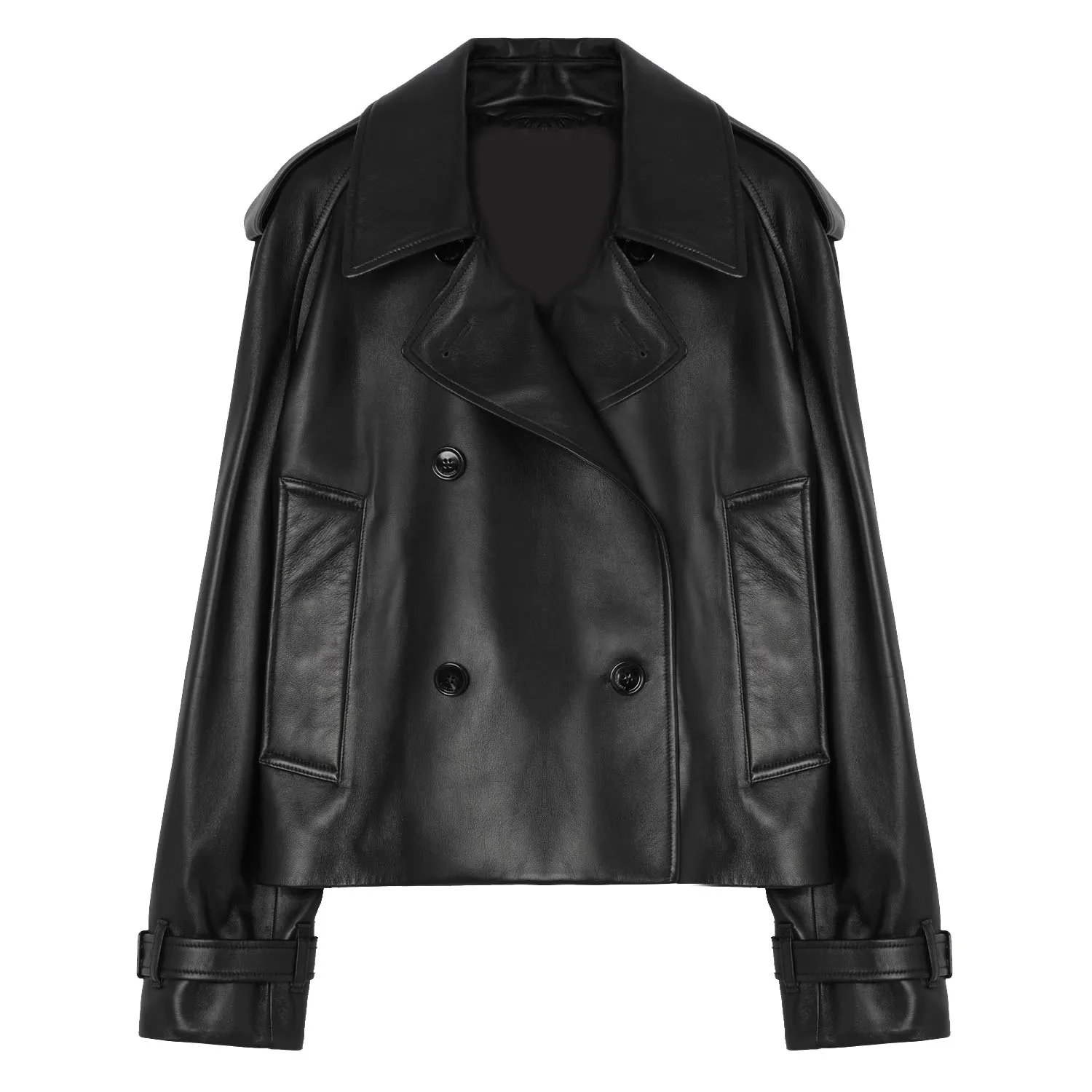 Double breasted wide women's sheepskin short windbreaker jacket #S4146