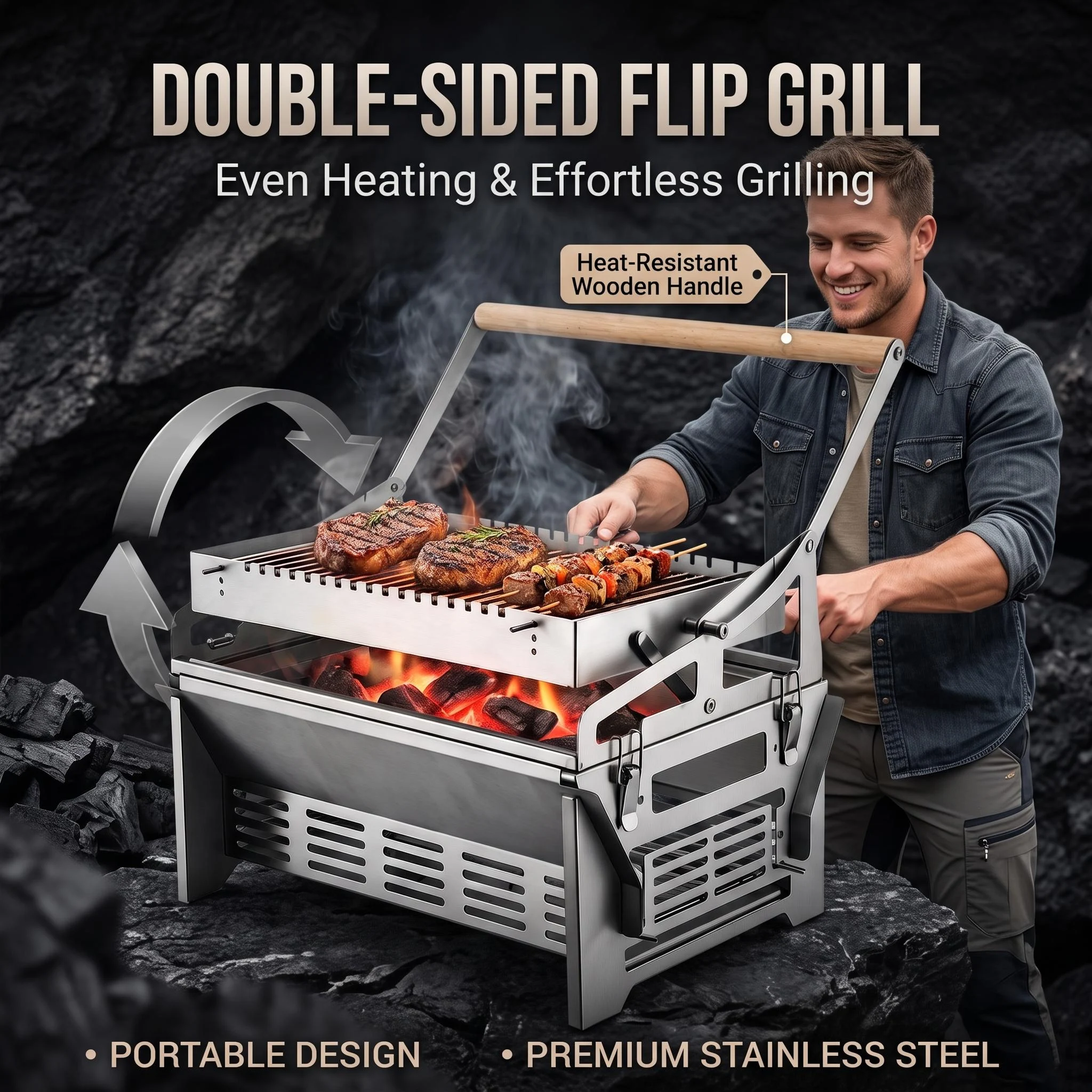 Flipable Charcoal BBQ Grill, Detachable Grate Barbecue Rack for Fish & Meat, Home & Outdoor Use