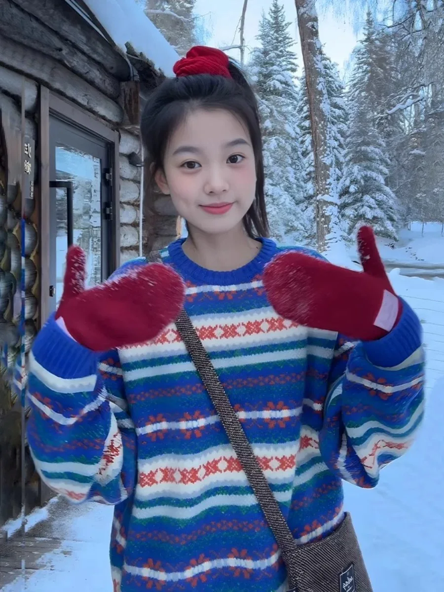 الرجعية الكورية Sle المرأة فضفاضة تناسب Thiened سترة ناعمة جزيرة الأزرق محبوك أعلى لخريف وشتاء الدفء المريح