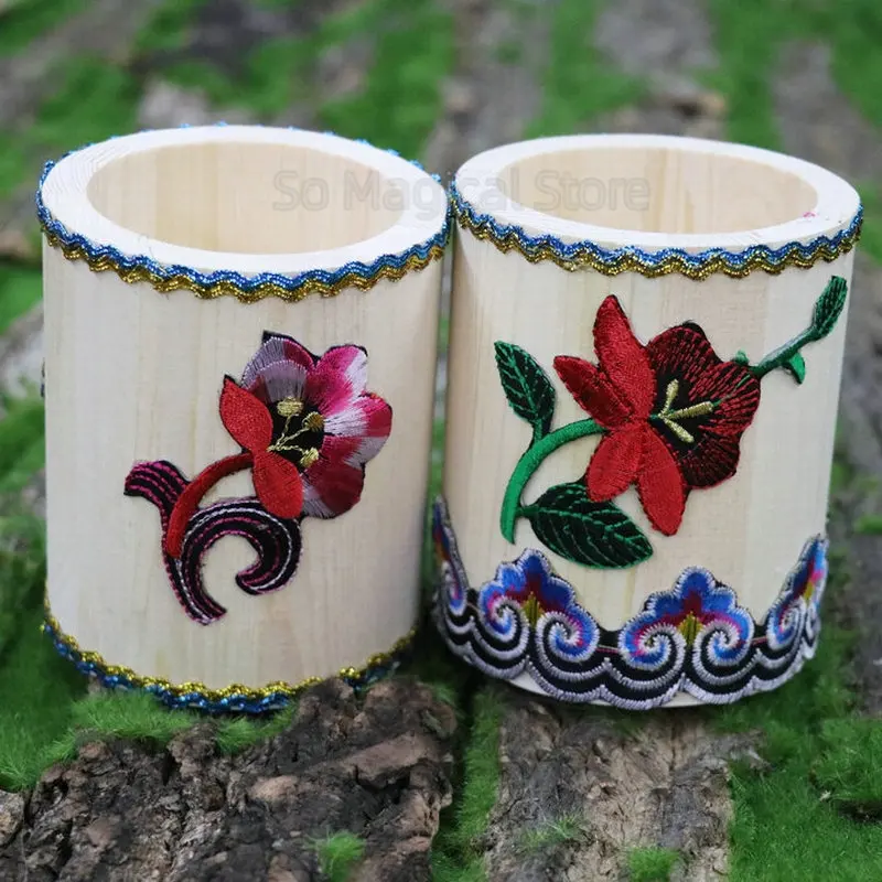 

Wood Cup With Embroidered Decor Crafts Pens Keys Holder Ornament Home Office Desk Decoration Christmas Gift