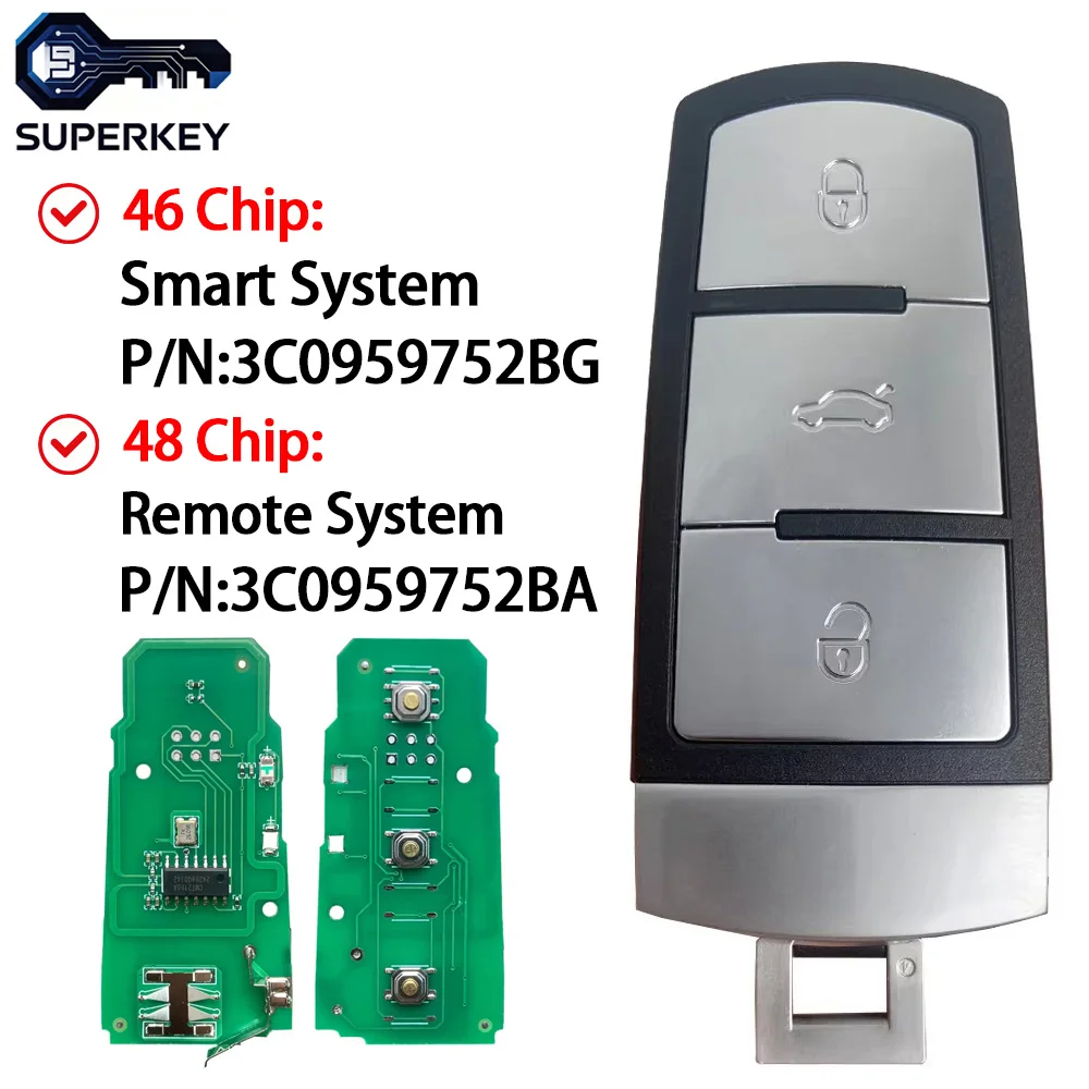 ID48/ID46 Chip 433MHz 3 Buttons Smart Remote Car Key For VW Passat B6 3C B7 Magotan CC 2004-2015 PN 3C0959752BG 3C0959752BA