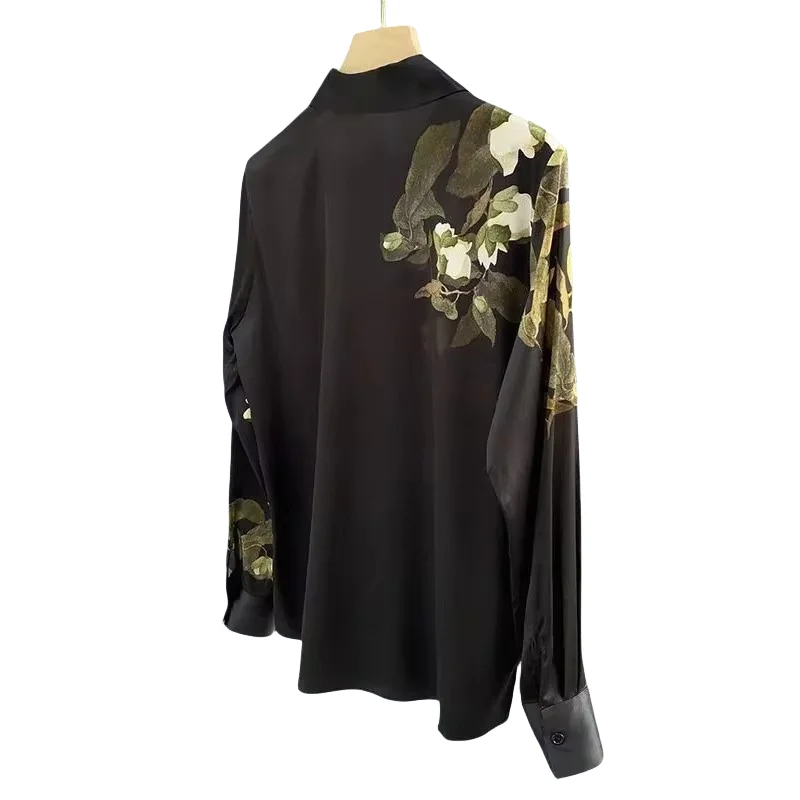 Satin Blouses Summer New 2024 Soft and Flower Print Casual Korea Fashion Comfortable Black Loose Long Sleeve Women Shirts