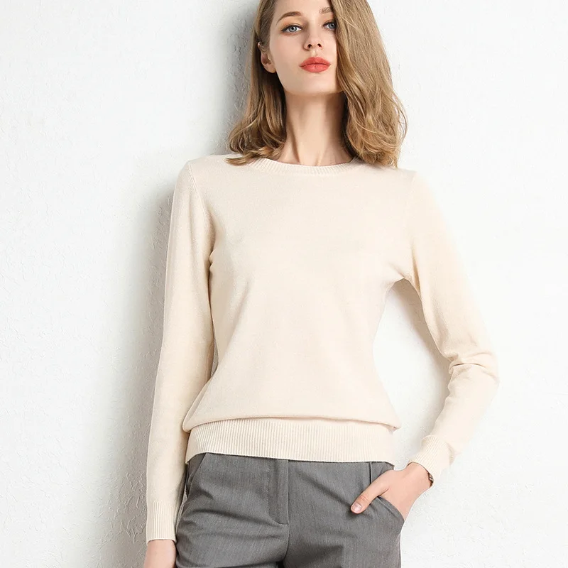 Autumn and Winter New Round Neck Sweater Women Long Sleeve Loose Pullover Korean Short Solid Color Knitted Bottoming Shirt.