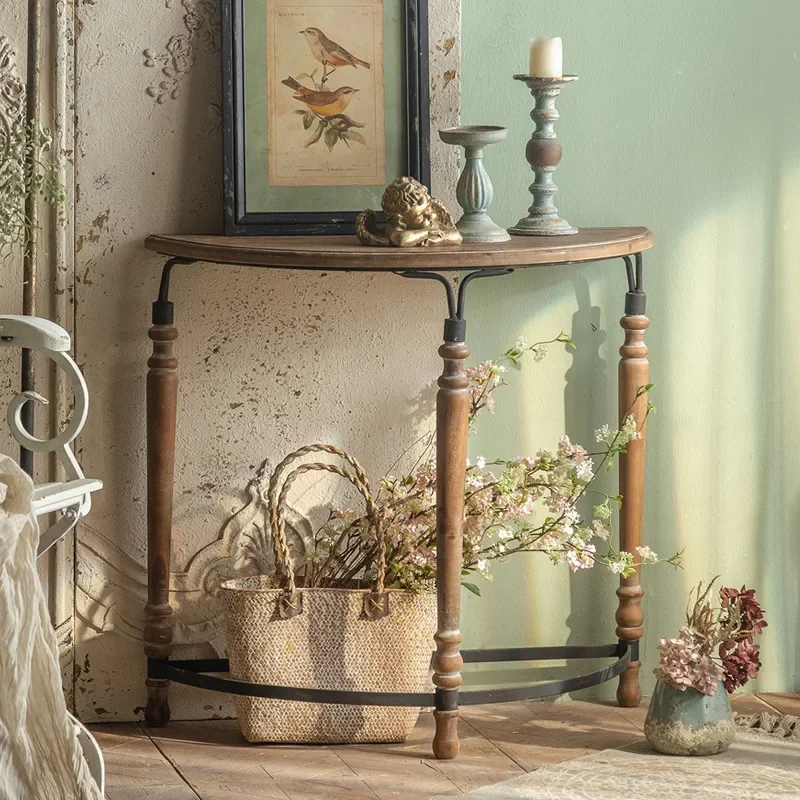 American retro, homestay entrance against the wall, table, props log color flower shop, creative shelves