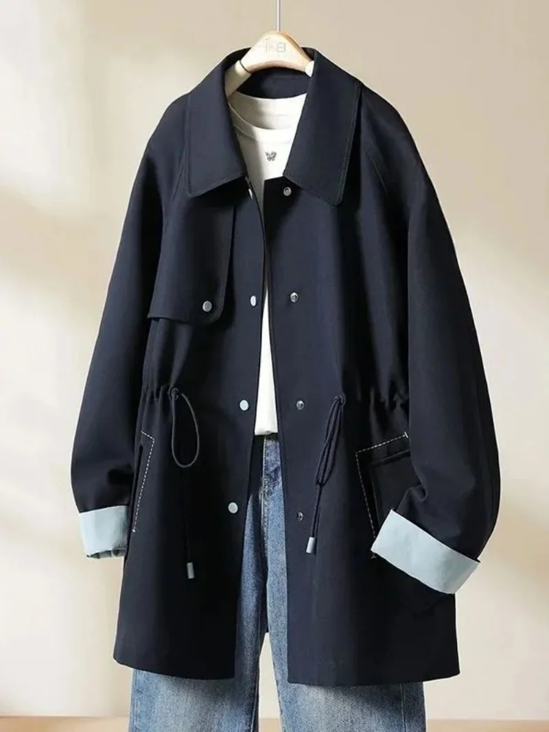 

Women's Color-Blocking Trench Coat | Waist-Cinching Casual Windbreaker | Spring Autumn Oversized Medium-Length Coat j430