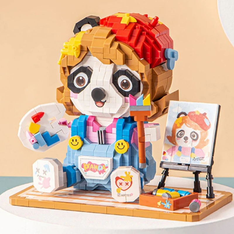 Cute Panda Painting Building Blocks DIY Creative Animal Artist Model Assembly Toy Suitable for Home Decoration Gift for Kids