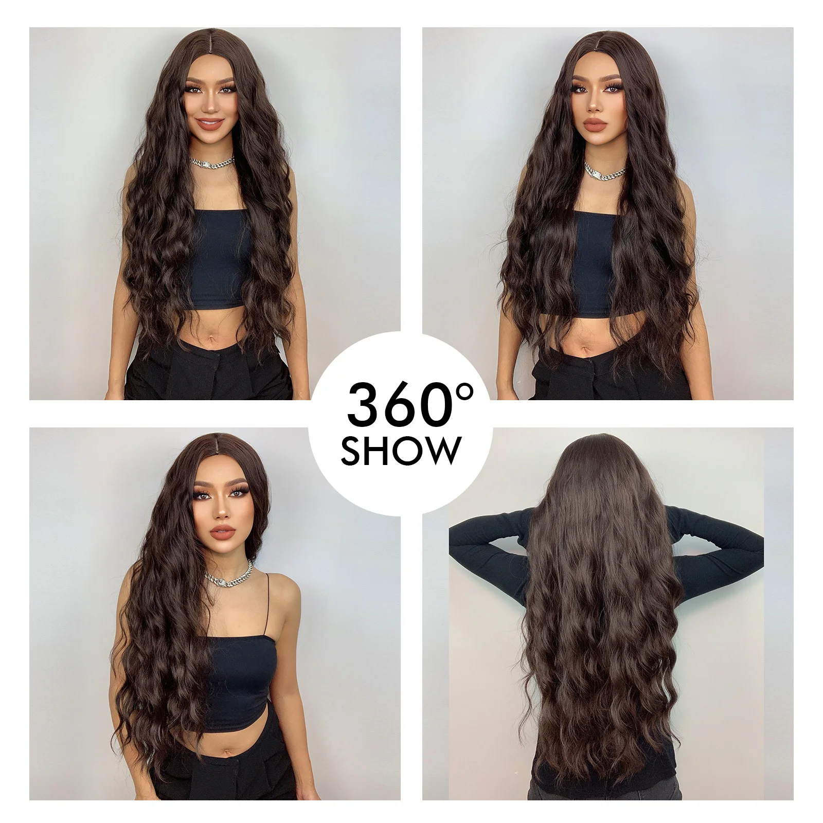 شعر مستعار مجعد اصطناعي طويل للفتيات والسيدات ، شعر متموج بالماء ، شعر متوسط بني ، استخدام يومي ، تأثيري للحفلات ، مقاوم للحرارة الطبيعية