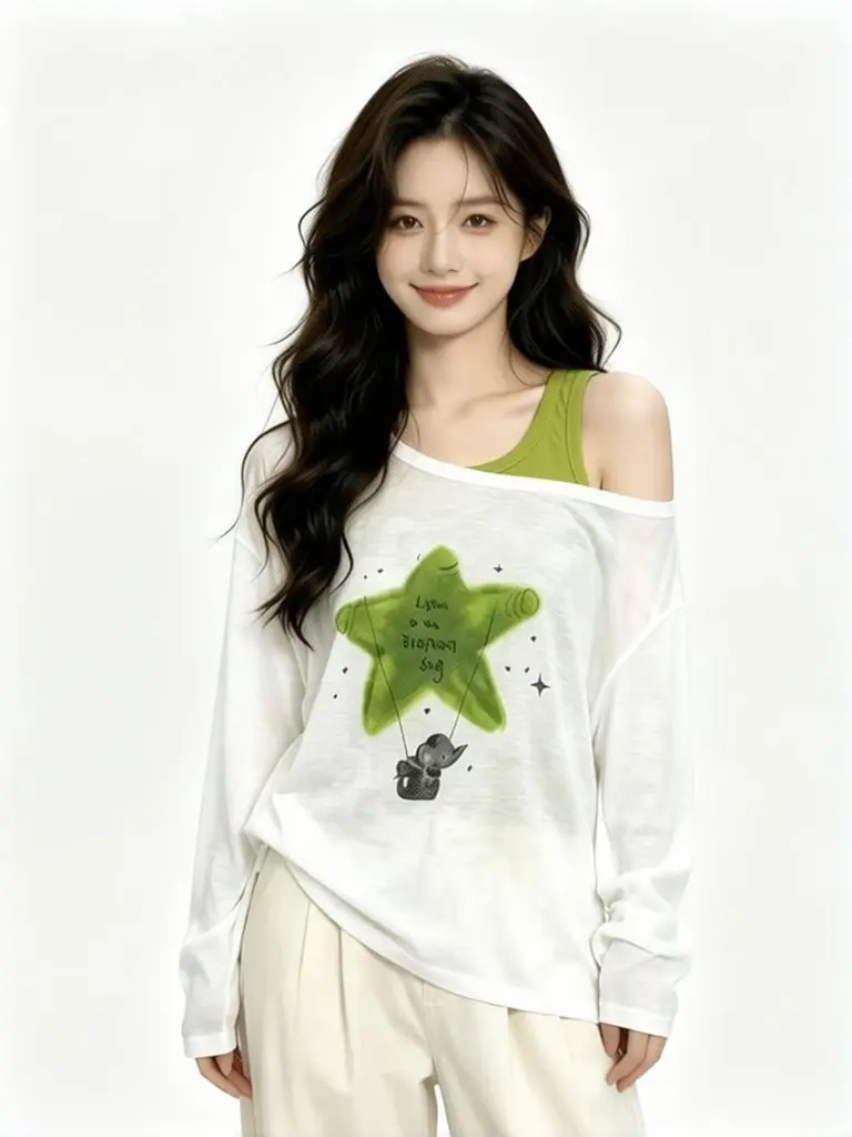 Korean Cozy Two Piece One Shoulder Star T Shirt Women Oversized T Shirt Tank Top Set See Through Sheer Top Basic Off Shoulder