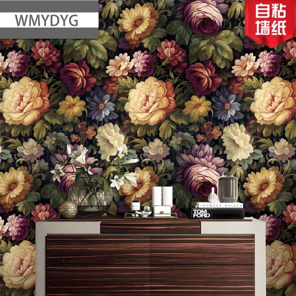 Flower Self Adhesive Wallpaper Retro Peony Rose Peel Stick Wall Paper Floral Contact Paper for Home Furniture Renovation