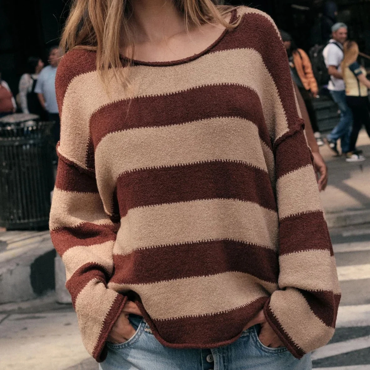 سترات نسائية كلاسيكية للخريف والشتاء بأكمام طويلة ورقبة مستديرة مخططة ملابس تريكو مرقعة ملابس بديلة #6