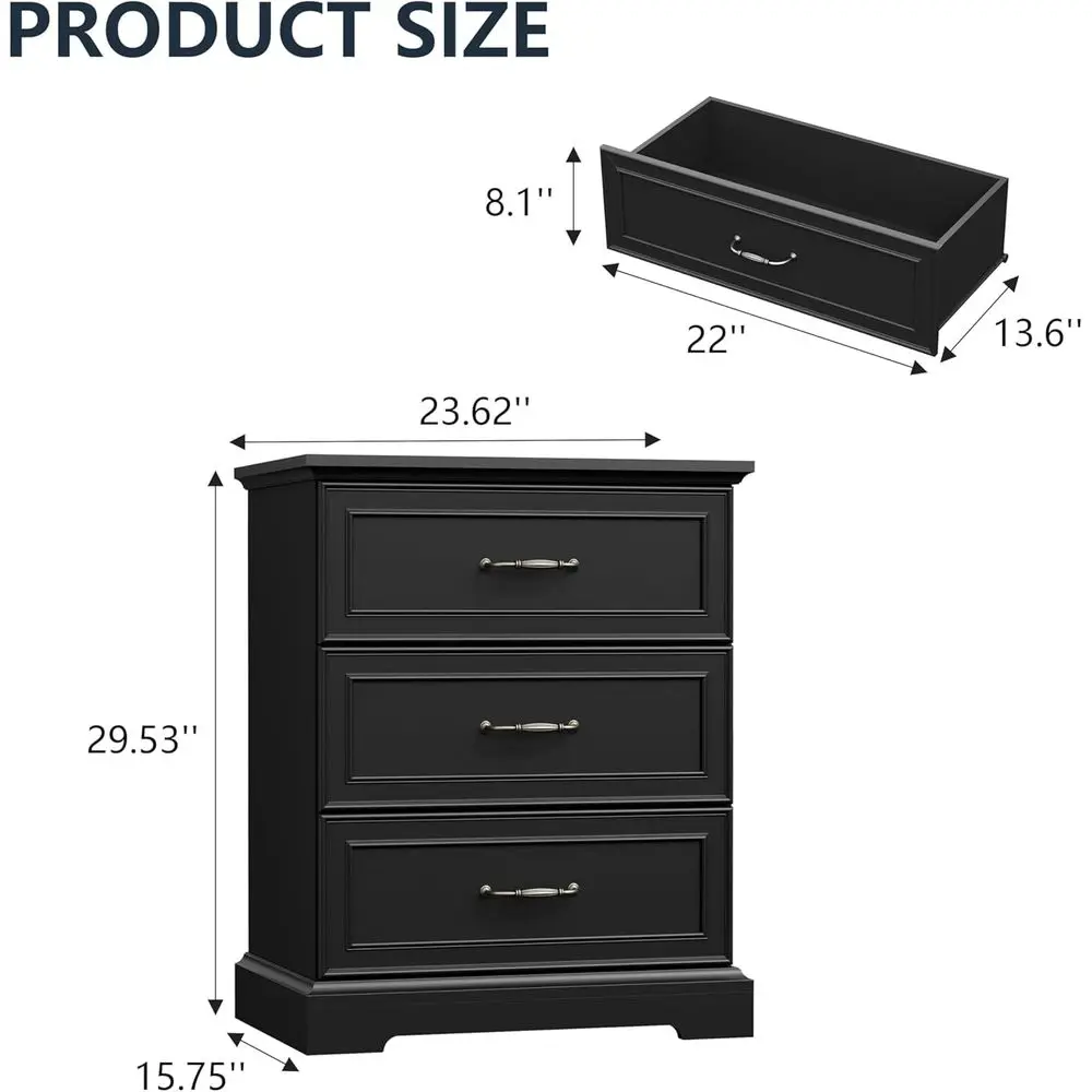 24 Wide Rustic 2-Drawer End Table with Metal Handles, Suitable for Bedroom or Living Room, Black