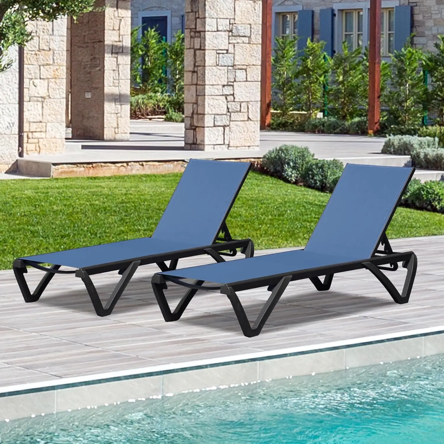 Aluminum Chaise Lounge Set 2 with Side Table, Patio Pool Chair 5-Position Adjustable Wheels Outdoor Garden, Customized