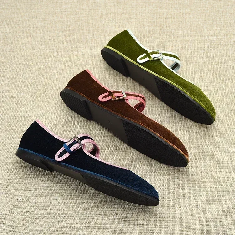 Spanish style Flats Round Toe Women\'s Shoes Velvet Flats Fashion Mary Jane Shoes Women Shoes Green Blue Brown