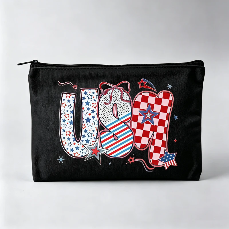 USA Letter Print Makeup Bag with Patriotic Stars, Casual Cosmetic Pouch for Daily Use