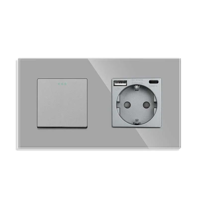 DAJIMEI EU RU Standard Button Switches and USB Type-C Electrical Sockets 1gang 1/2way Light Switches with Crystal Glass Panel