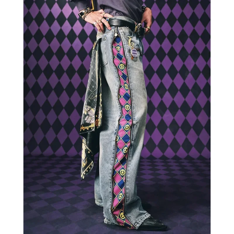 High Waisted Anime Zipper Patchwork Jeans Men Women Detachable Printed Jeans Purple and Gold Patchwork Straight-leg Jeans